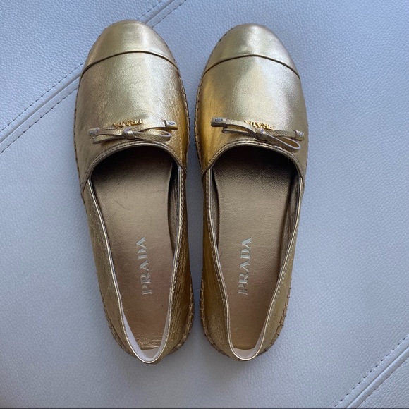 NWOT Prada Gold Metallic Leather Cap-Toe Flat Espadrille - Picture 15 of 15